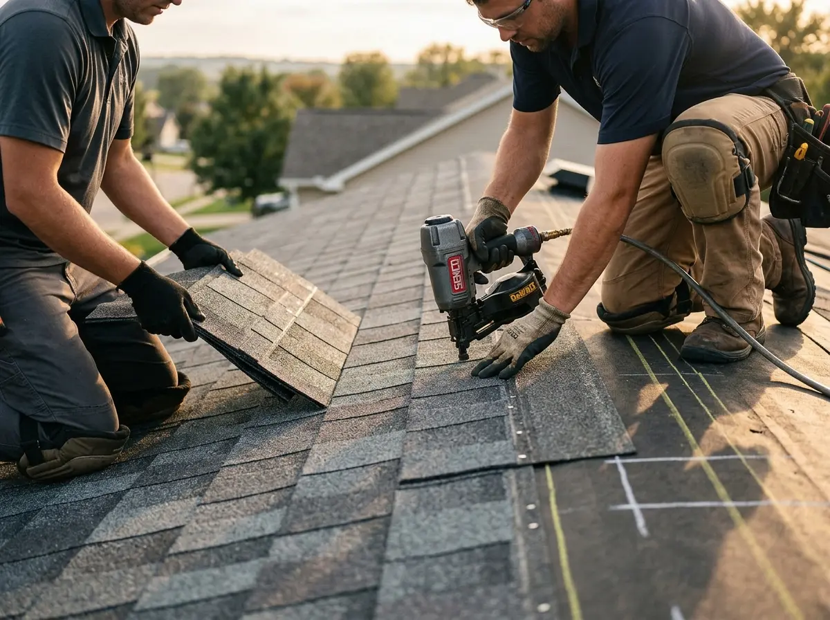 Professional roofer working on a residential roof in College Park